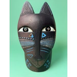 Vintage Laurel Burch Penco Label Artsy Art Pottery Cat Planter Folk Ethnic Mask